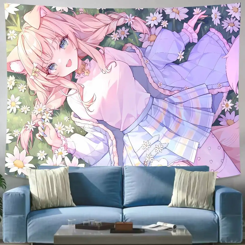 Pastel Anime Girl Tapestry Kawaii Wall Hanging Cute Manga Room Decor Pink Aesthetic Bedroom Background Cloth Room Decor Gift
