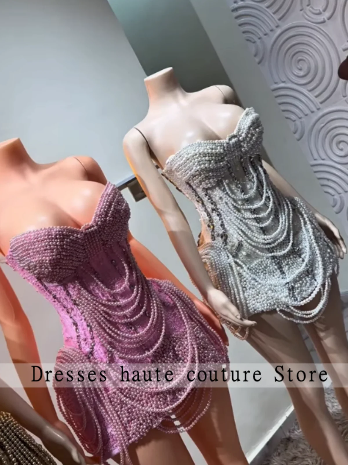 Strapless Short Prom Dress Heavy Pearl Beaded Chain Tassel Cocktail Gown Corset Bodycon Party Gown платье в пайетках Customized