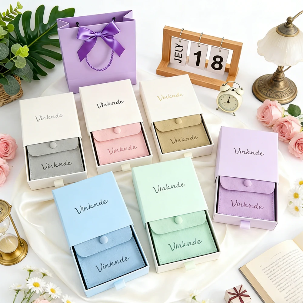 

Custom Logo 10x10x3.5cm Beige Paper Jewelry Box Ring Earring Necklace Bracelet Packaging Gift Boxes With Microfiber Button Bag