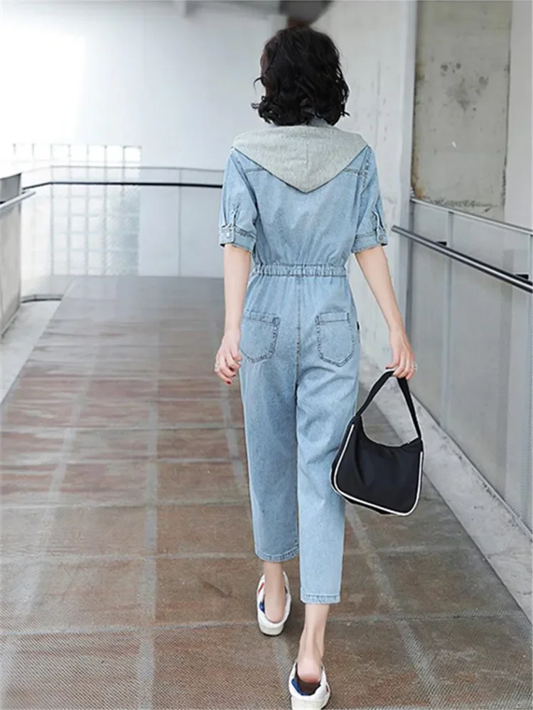 New Fashion Denim Jumpsuit Suit Women Blue Denim Long Sleeve High Waist Large Size Vintage Casual One Piece Outfit Overalls