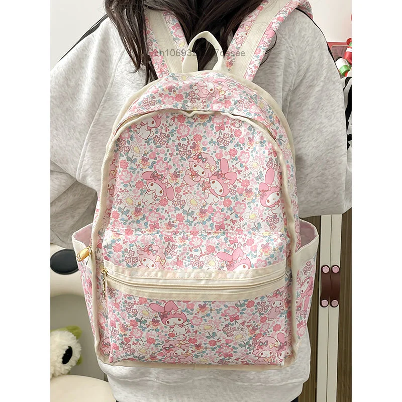 Sanrio Hello Kitty Melody Pink New Backpack for Women Y2k Student Nylon Schoolbags, Cute Cartoon Zipper Light Travel Backpack