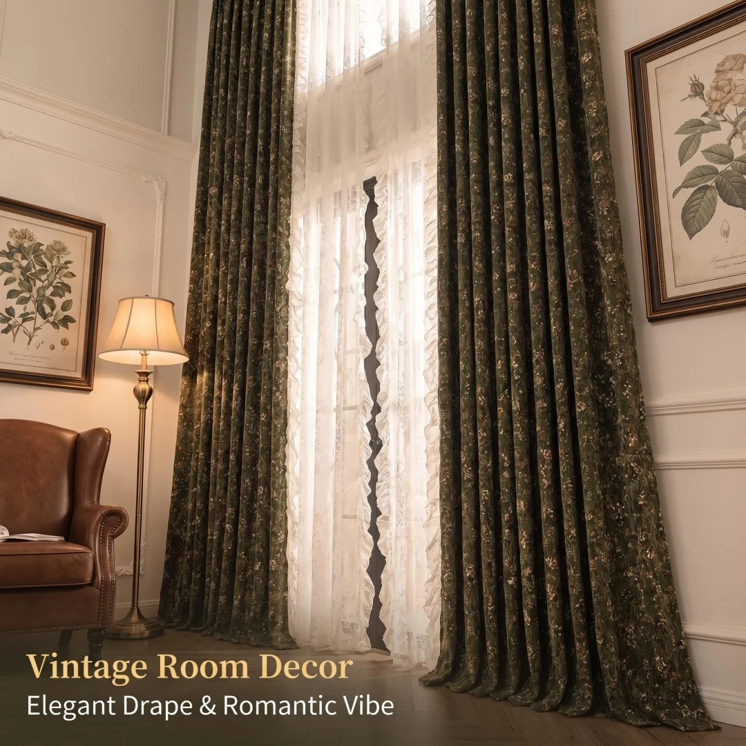 Retro full shading double chenille green curtains living room bedroom American country sun screen curtain cloth