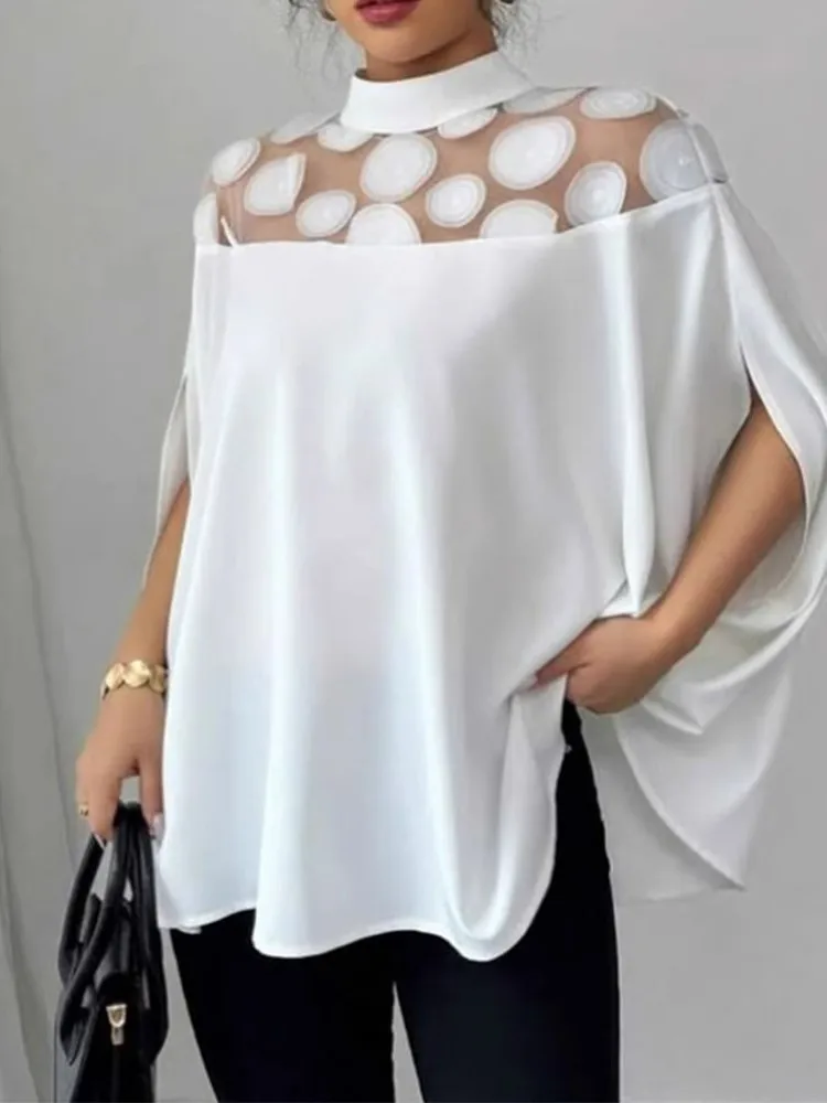 Elegant O-neck Bat Short Sleeve Top For Women Fashion Spring Autumn Solid Color Mesh Off-shoulder Chic Loose Casual Top Female