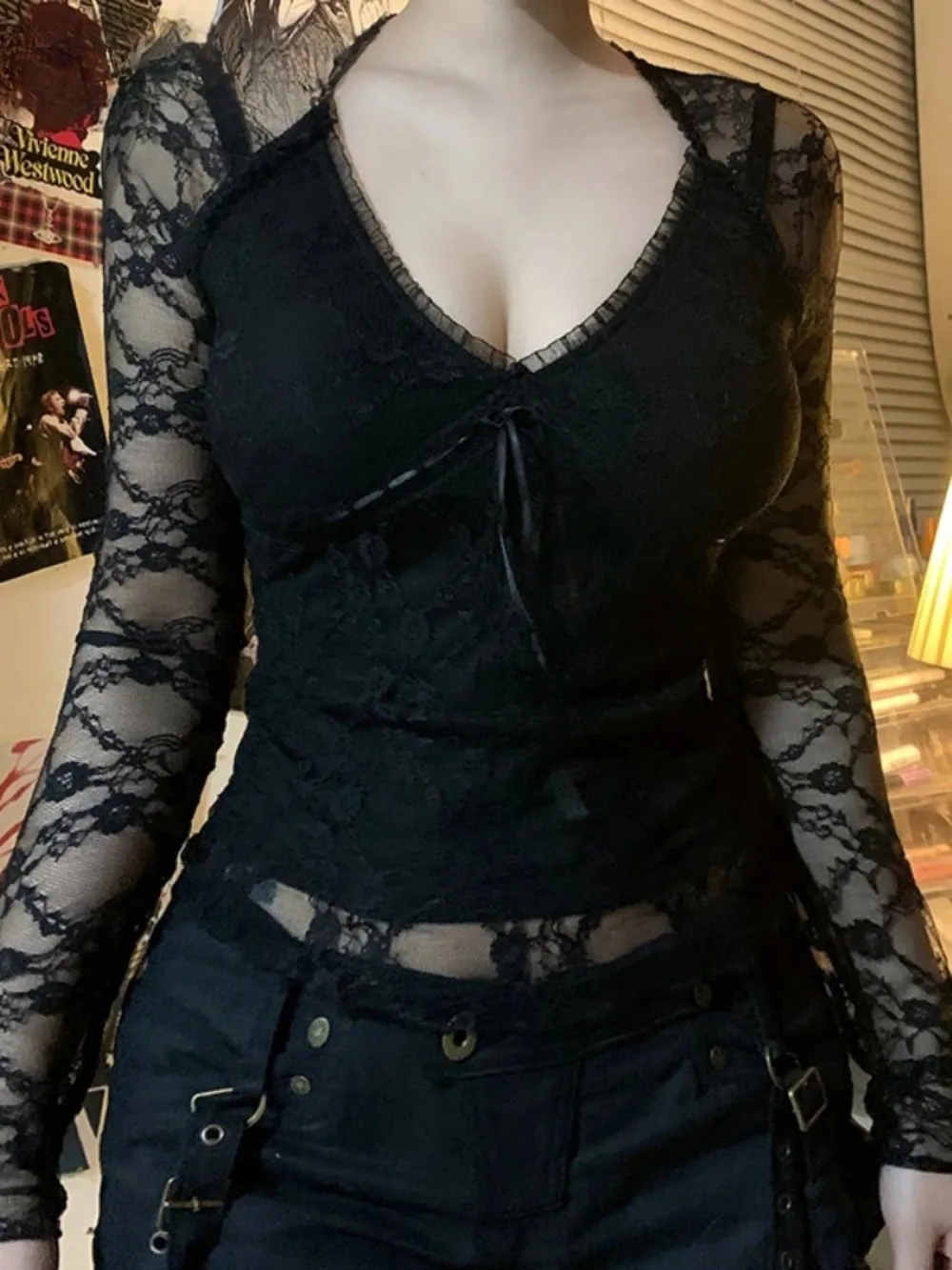 Sexy Aesthetic Lace T-shirt Women Vintage Dark Gothic See Through Long Sleeve V-neck Crop Tee Tops Rave Outfit Femme