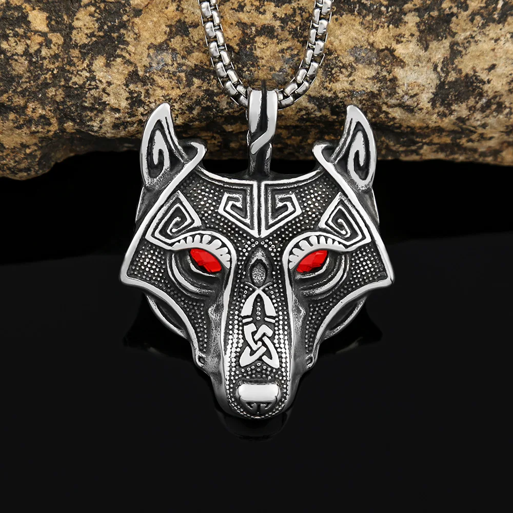 

100pcs/lot explosive gemstone eyes stainless steel necklace Celtic amulet wolf head titanium steel pendant jewelry wholesale