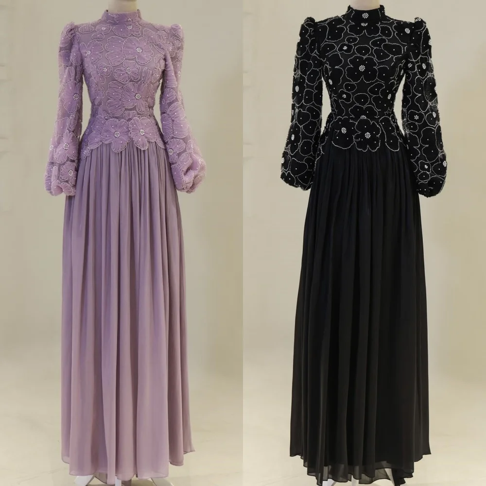 

Customized High Quality Fashion Chiffon Handmade Flower Beading Straight High Collar Long Dresses Bespoke Occasion Dresses Retro