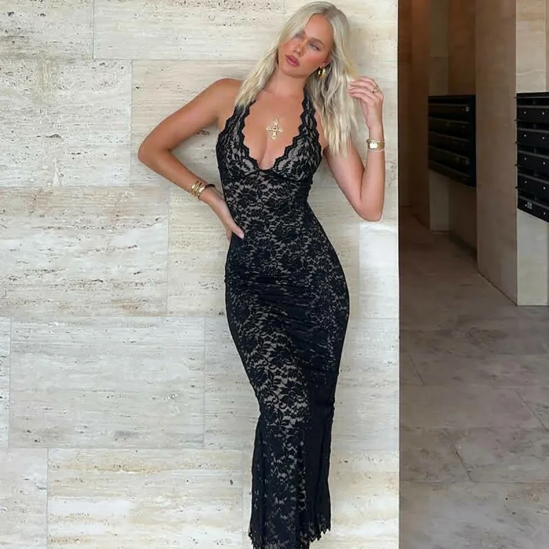 

Popular Women's Fashion2025Summer Fashion Hot GirlVCollar Lace Backless Slit Lace up Dress