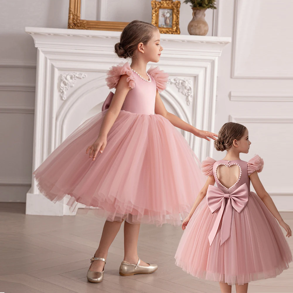 4-8Y Children Clothing Mesh Flying Sleeve Princess Dress Merry Christmas Birthday Party Gowns Wedding Flower Girls Pearl Vestido
