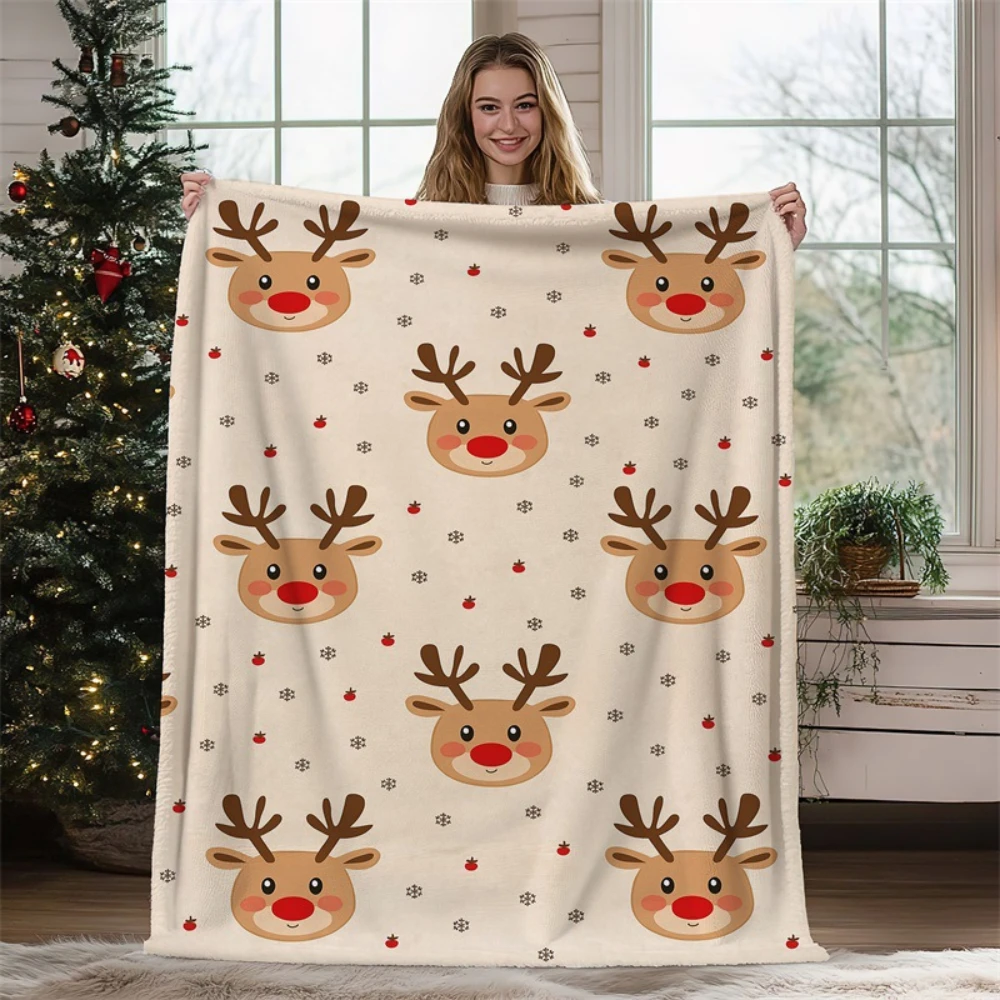 1pc Cute Reindeer Face Christmas Print Throw Blanket warm living room sofa Blanket garden terrace indoor rest Christmas presents