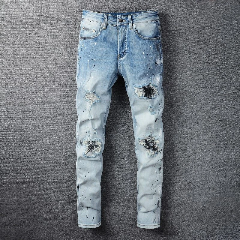 

2022 Graphic Jeans Men Streetwear Slim Jean Noir Homme Holes Ripped Denim Pencil Pant Blue Tapered Leg Trousers Pantalon Homme