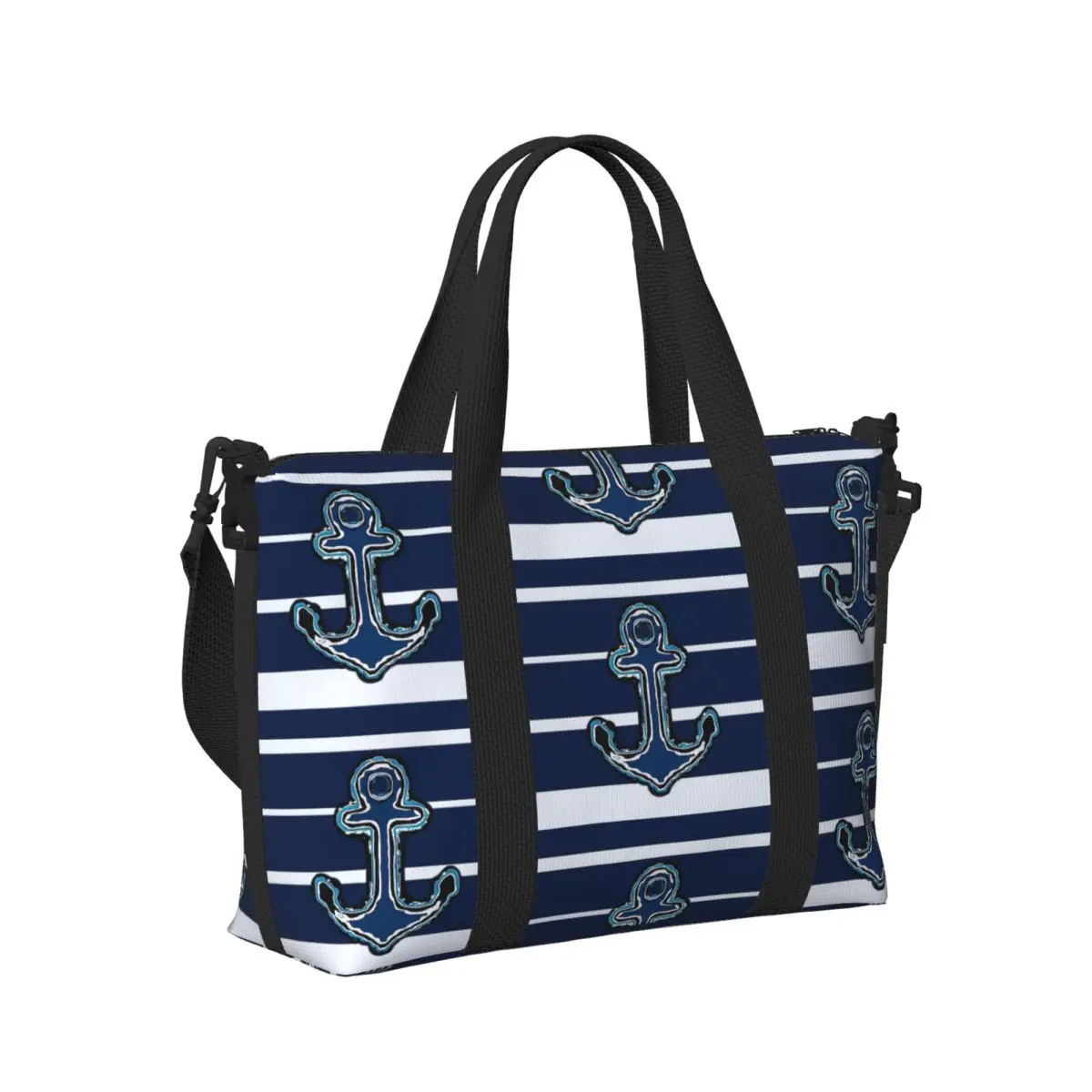 

Nautical Navy Blue Stripes And Boat Anchor Beach Travel Bag Large Capacity Tote Bag for Sport Women Shopping Duffle Shoulder Bag