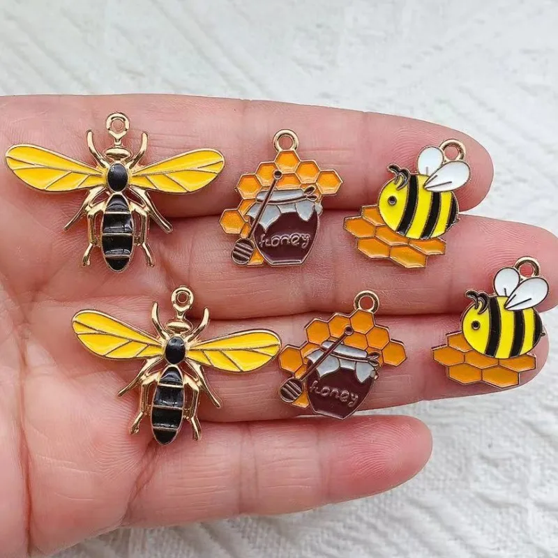 10pcs Enamel Bee Honeycomb Flower Design Charms Alloy Metal Pendants for DIY Jewelry Making Accessories