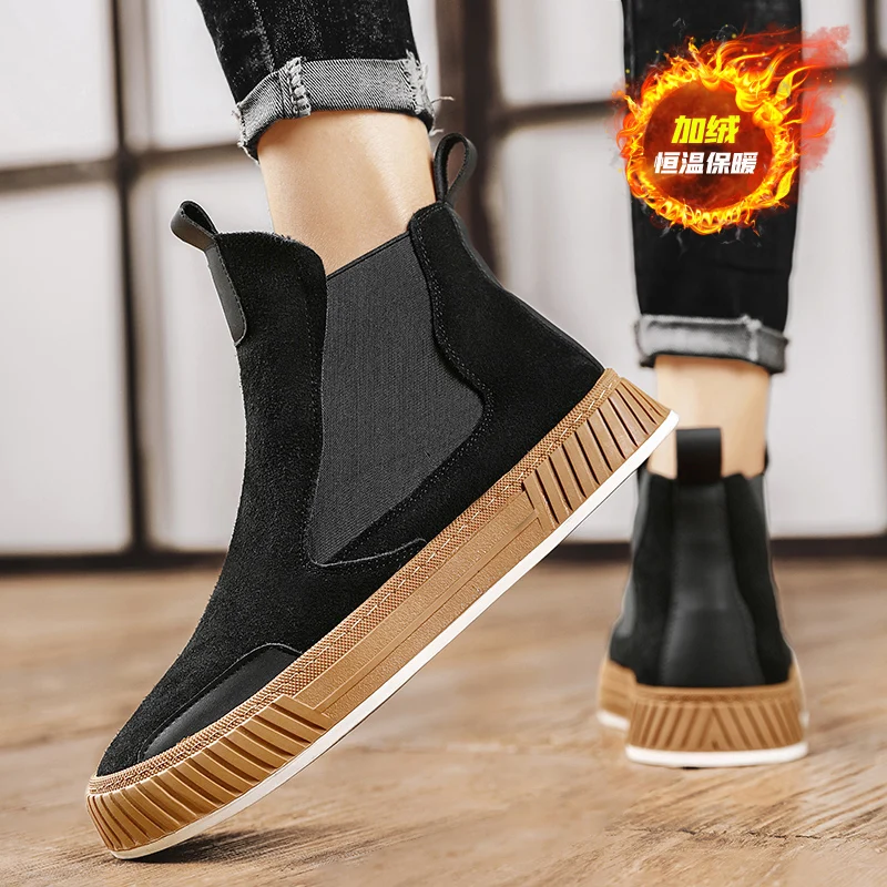 Autunno inverno caldo peluche Casual High top scarpe da uomo Designer Chelsea scarpe in pelle scamosciata moda uomo stile Punk piattaforma stivali maschili neve