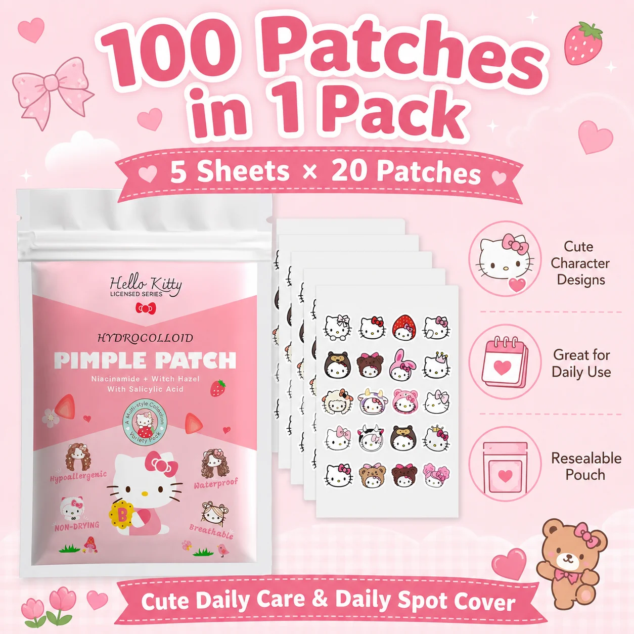 100PCS hello kitty Acne patches, facial acne patches, hydrogel acne removal patches, concealer