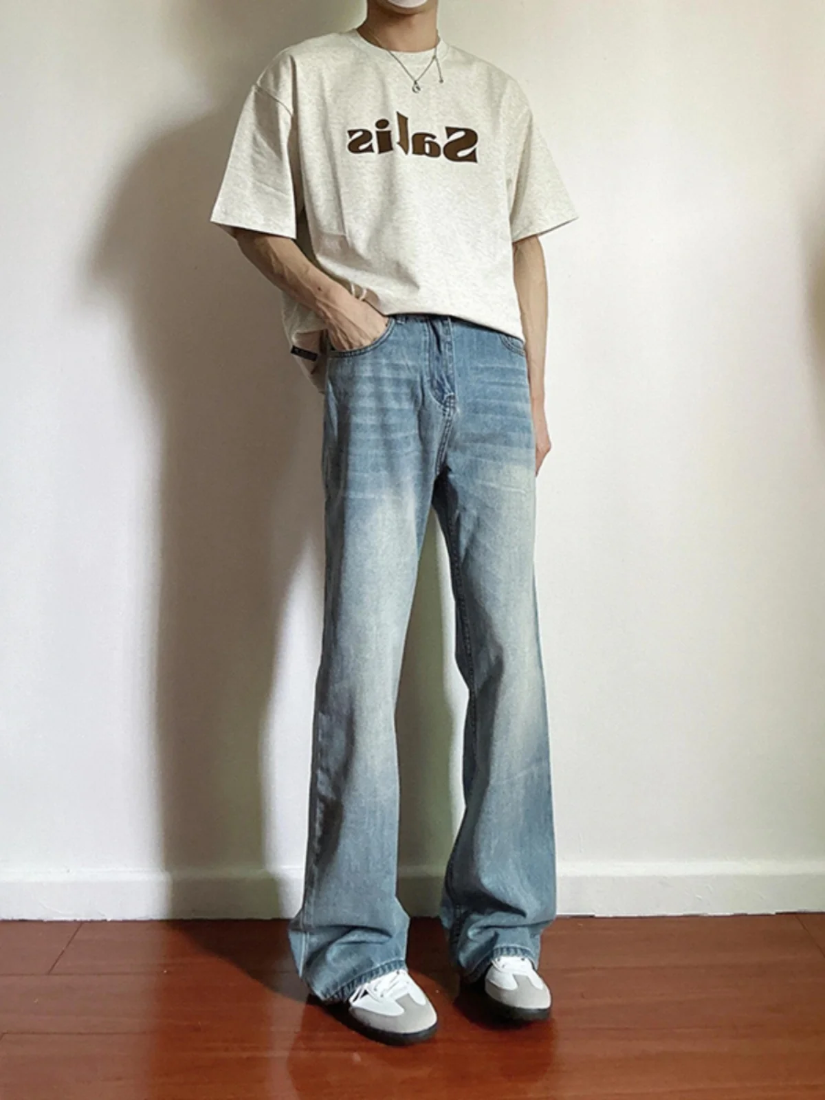 

Cleanfit Light Blue Men's Jeans Summer High Street Straight Leg Bell Bottoms Trendy Brand Straight Tube Pants Casual Denim
