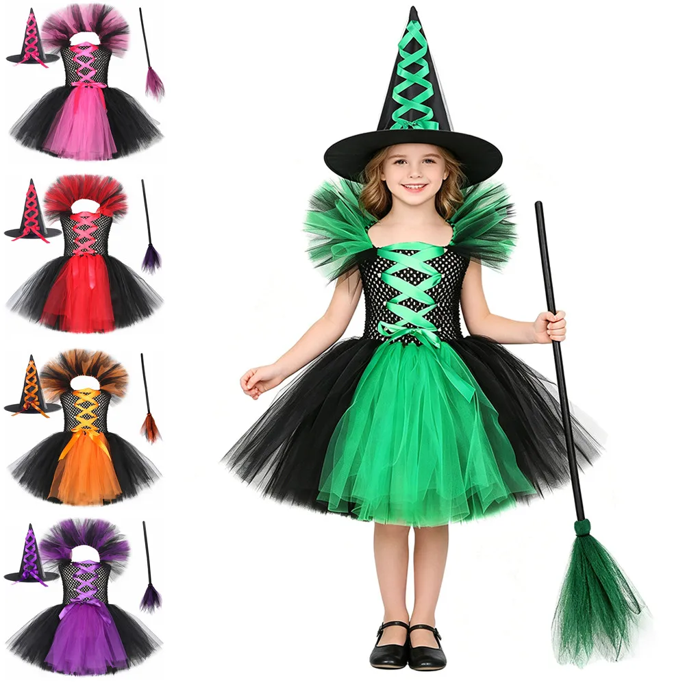 Wicked Witch Tutu Dress Kids Halloween Witch Costume for Girls Carnival Party Perform Fancy Dress Up Outfit with Hat Magic Broom