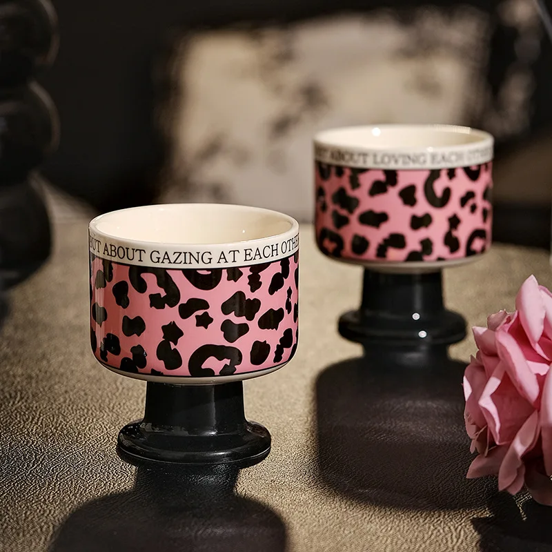French Style High Appearance Level Ceramic Mug Pink Leopard Print Aromatherapy Candle Footed Cup Exquisite Dessert Coffee Cups