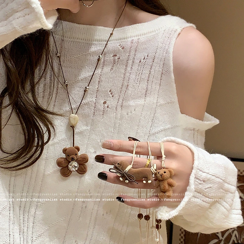 Marrad cute plush bear pendant necklace Long fringed small animal necklace Winter and autumn sweater chain accessories