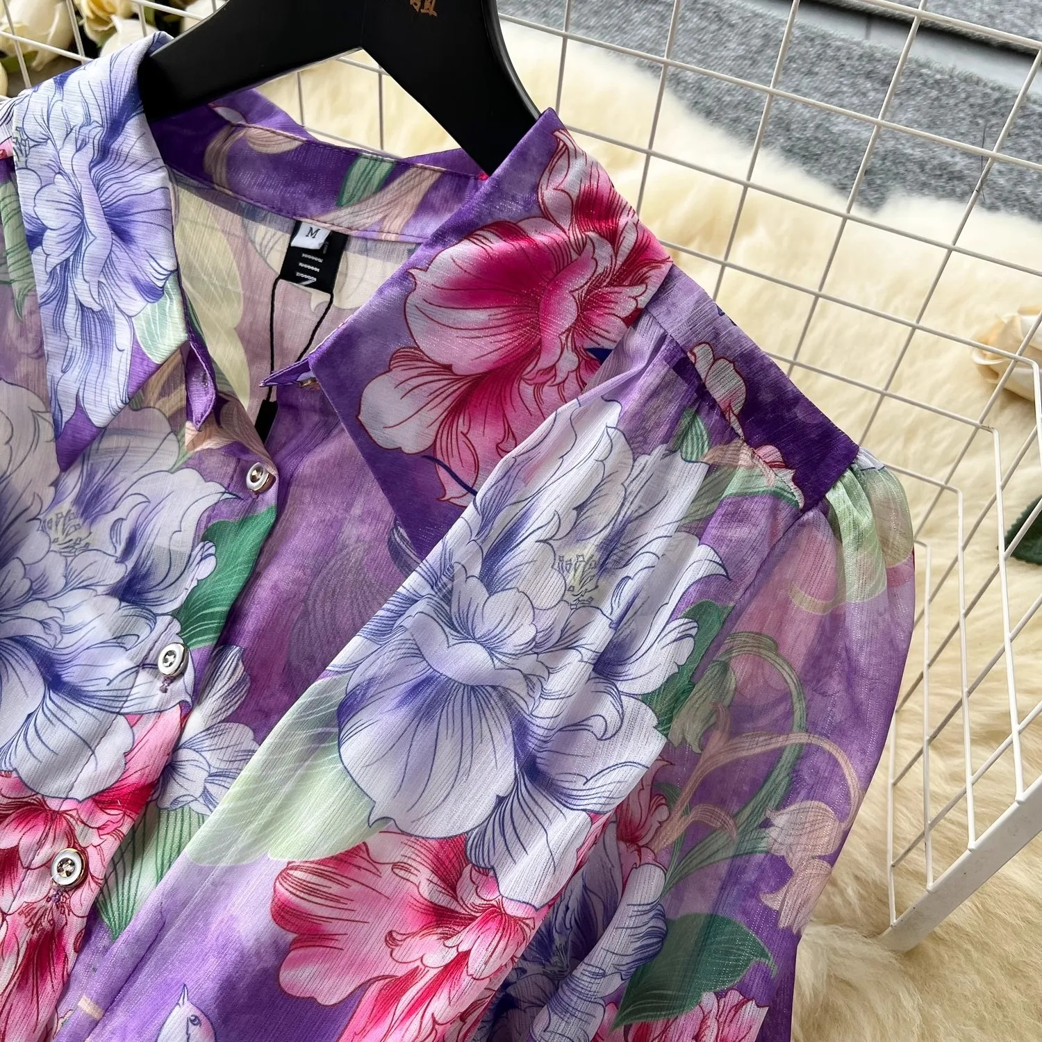 Damska sukienka na co dzień z koszula Midi z długim rękawem nowa projektantka fioletowym kwiatem z nadrukiem w stylu Streetwear z szyfonu