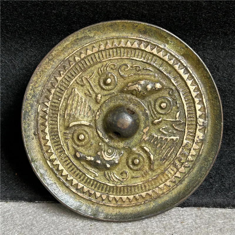 Bronze handicrafts Han Dynasty exquisite green rust gilt bronze mirror double fish 2198 mellow