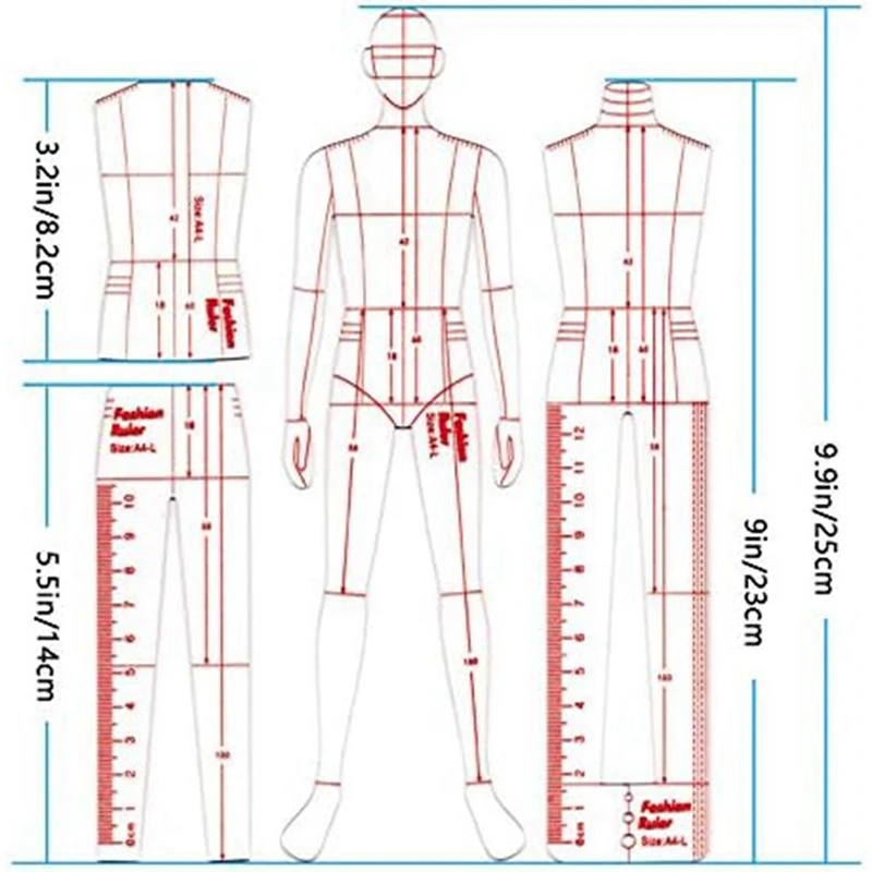 Men's Fashion Illustration Ruler Drawing Template As Shown Acrylic For Sewing Humanoid Pattern Design, Clothing Measurement