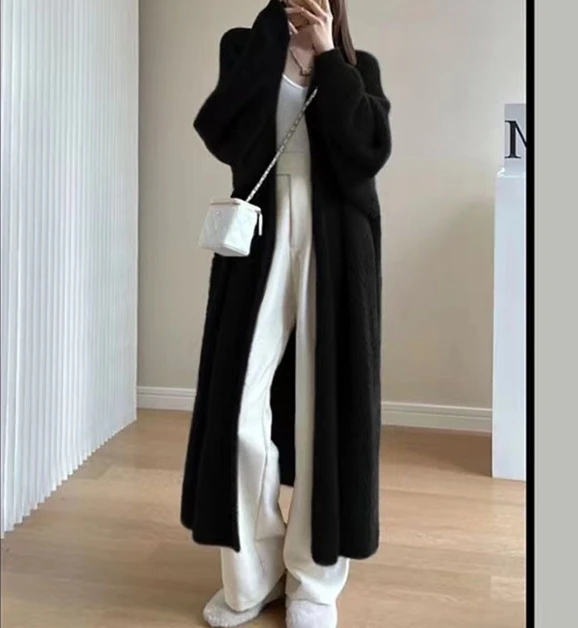 Women's Knitted Jacket 2024 Autumn Fashion New Mink Fleece Cardigan Loose Large Thick Medium To Long Lazy Style Knitted Jacket image 6