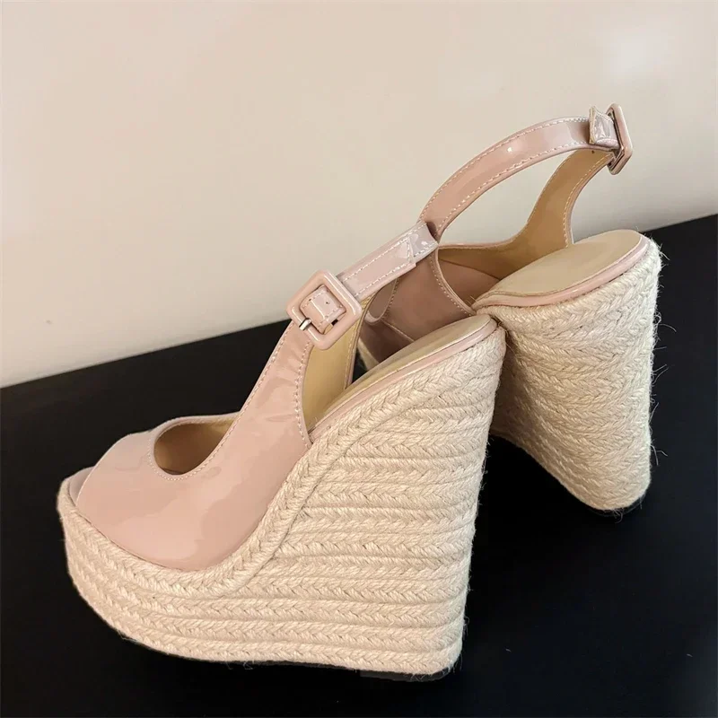Eilyken Summer Peep Toe Wedges Platform Women's Sandals Designer Straw Weave Buckle Strap High Heels Banquet Party Shoes