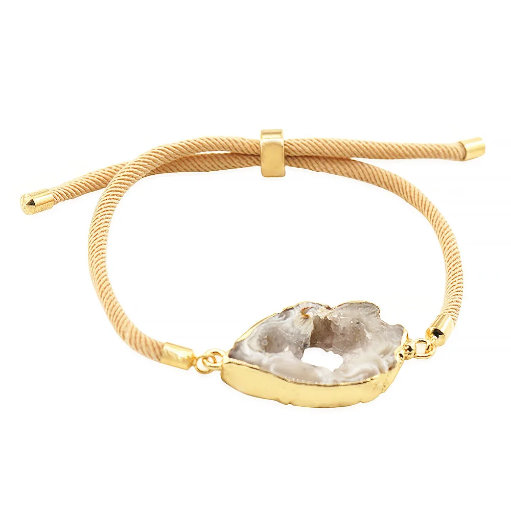 Boho Brazilian Agate Slices Rope Chain Bracelet Irregular Geode Raw Stone for Women Girls Unique Party Gift