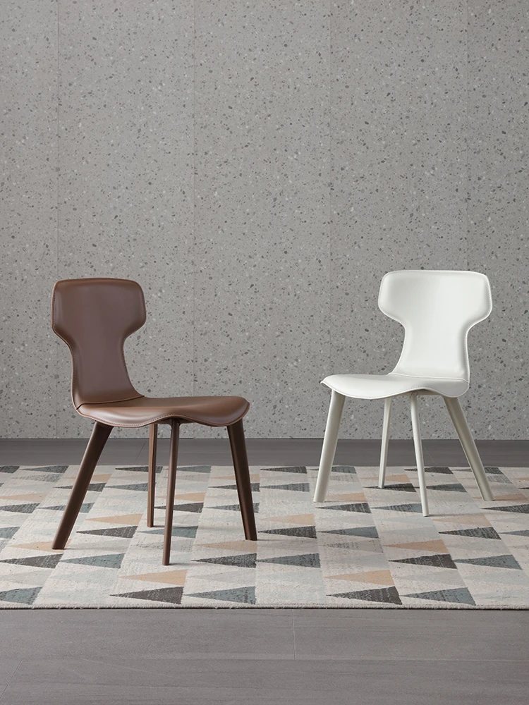 

Nordic Style Saddle Leather Dining Chair Minimalist Luxury Stool Cream Color Backrest Home Restaurant Furniture