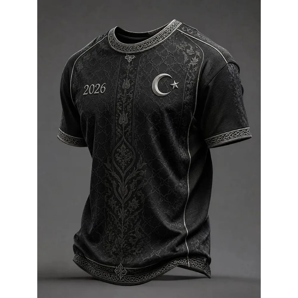 2026 Summer Short Sleeve Football Uniform Turkiye Black Islamic Floral Jacquard Soccer Jersey Silver Crescent Star Badge