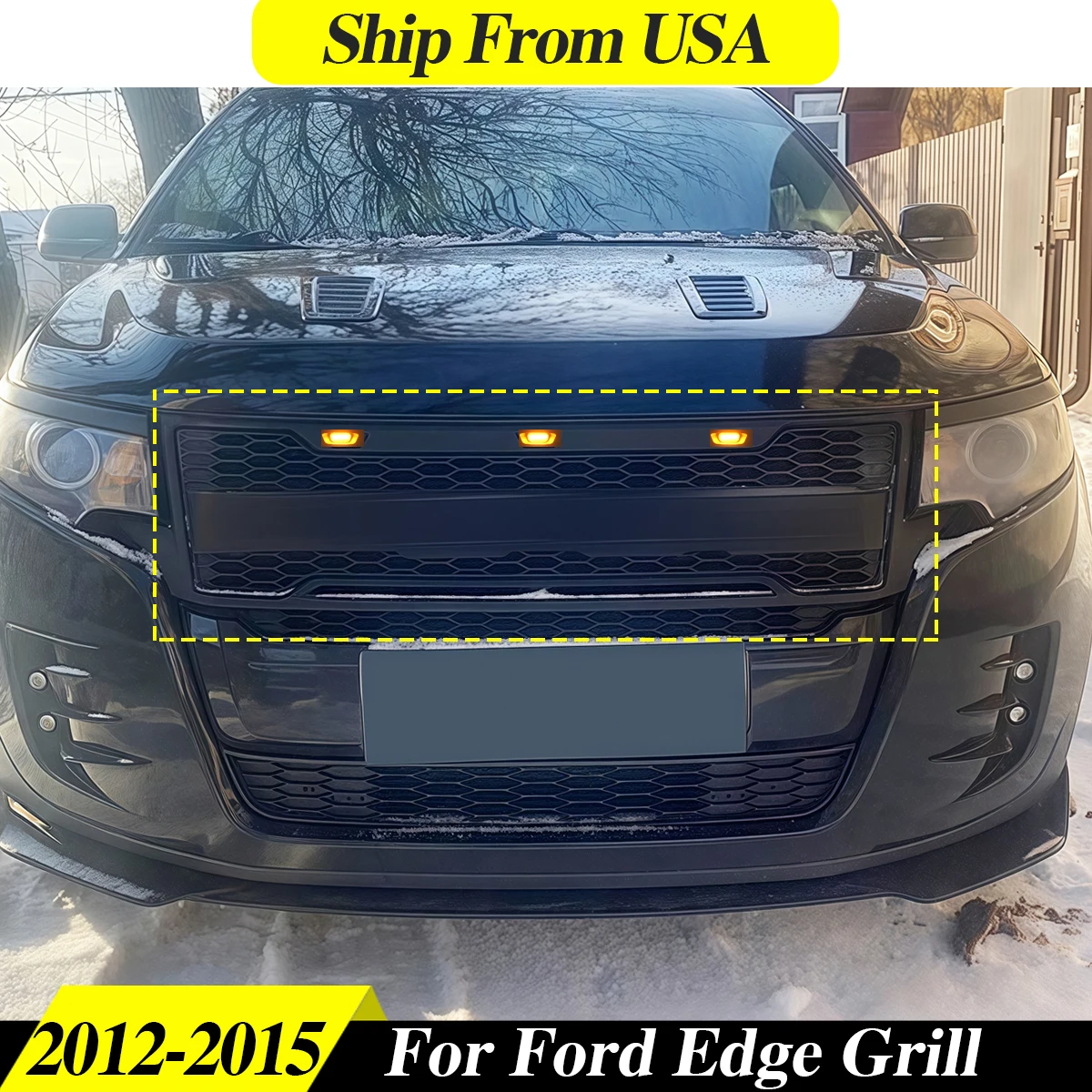 

Front Grille Fit For 2012-2015 Ford Edge Black Upper Bumper Grille W/Led Lights