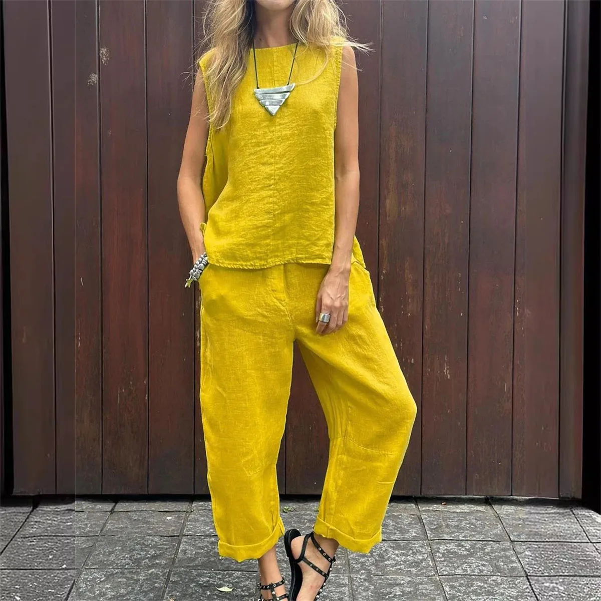 Spring Summer New Solid Color Sleeveless Women\'s Loose Round Neck Suit Simple Fashion Pocket Casual Long Pants Female 2piece Set