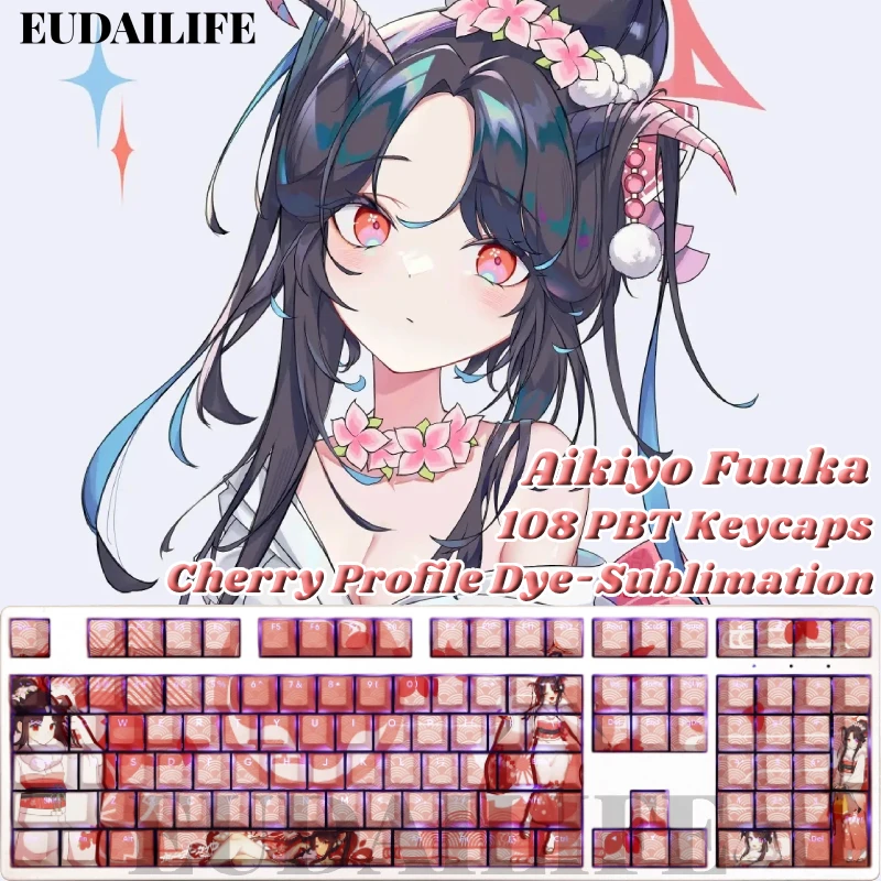 Aikiyo Fuuka 108 Keycaps Blue Archive PBT DYE Sublimation Light Transmitting Cherry Cross Axis Switch for Mechanical Keyboard