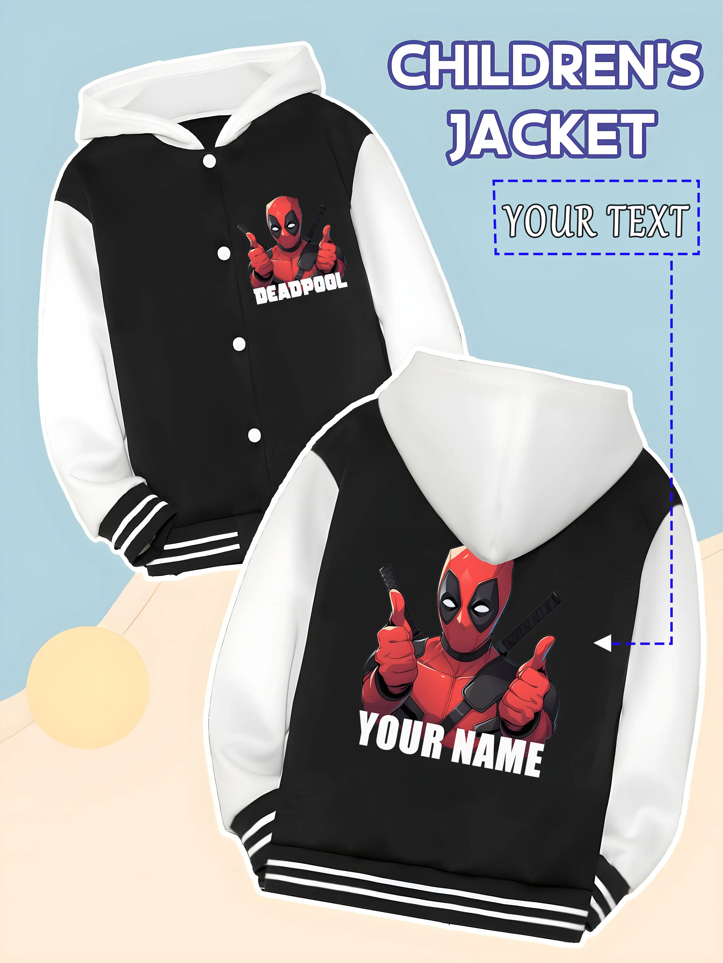 سترة بيسبول MINISO Marvel Boys - طباعة صورة ممتعة من Deadpool، أسلوب حيوي، مثالية لملابس الربيع والخريف غير الرسمية، مناسبة