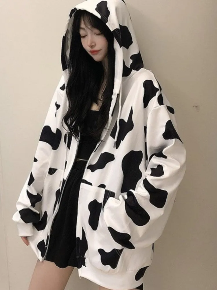 Autumn coat new cow black and white sweater hooded long-sleeved loose and simple all-match student boys and girls fashion tops