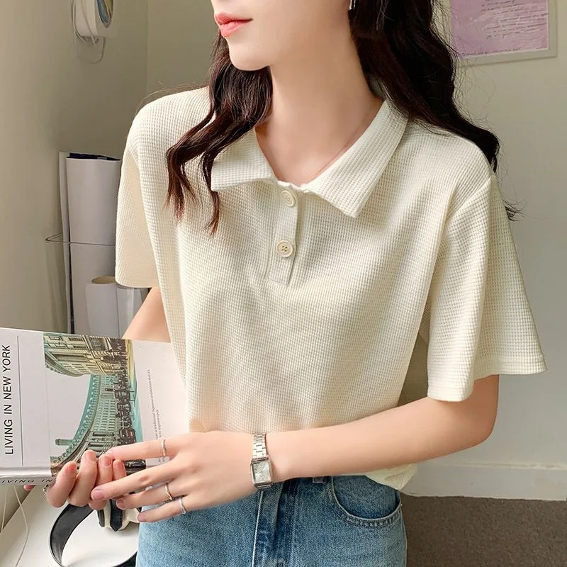New Summer Loose Short Sleeve T-Shirt Apricot Hong Kong Style Women's Inner Wear Oversize Polo Collar Flat Cloth Casual Tee