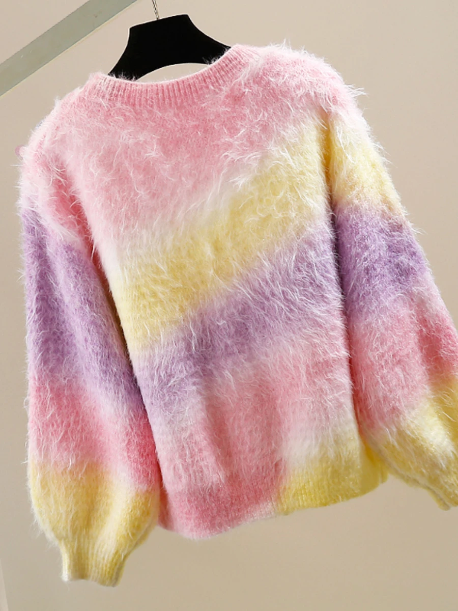 Heavy Sequins Rainbow Color Plush Single Breasted Loose-Fit Long Sleeve Sweater Autumn New Fashion Loose Sweet Knit Cardigan