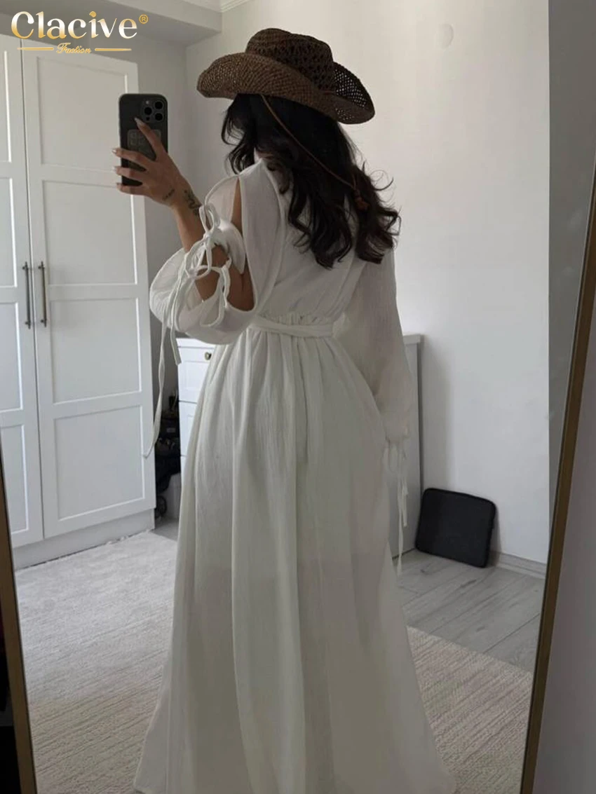Clacive Fashion Loose White Cotton Women's Dress Sexy V-Neck Long Sleeve Maxi Dresses Elegant Classic Lace-Up Feamle Dress
