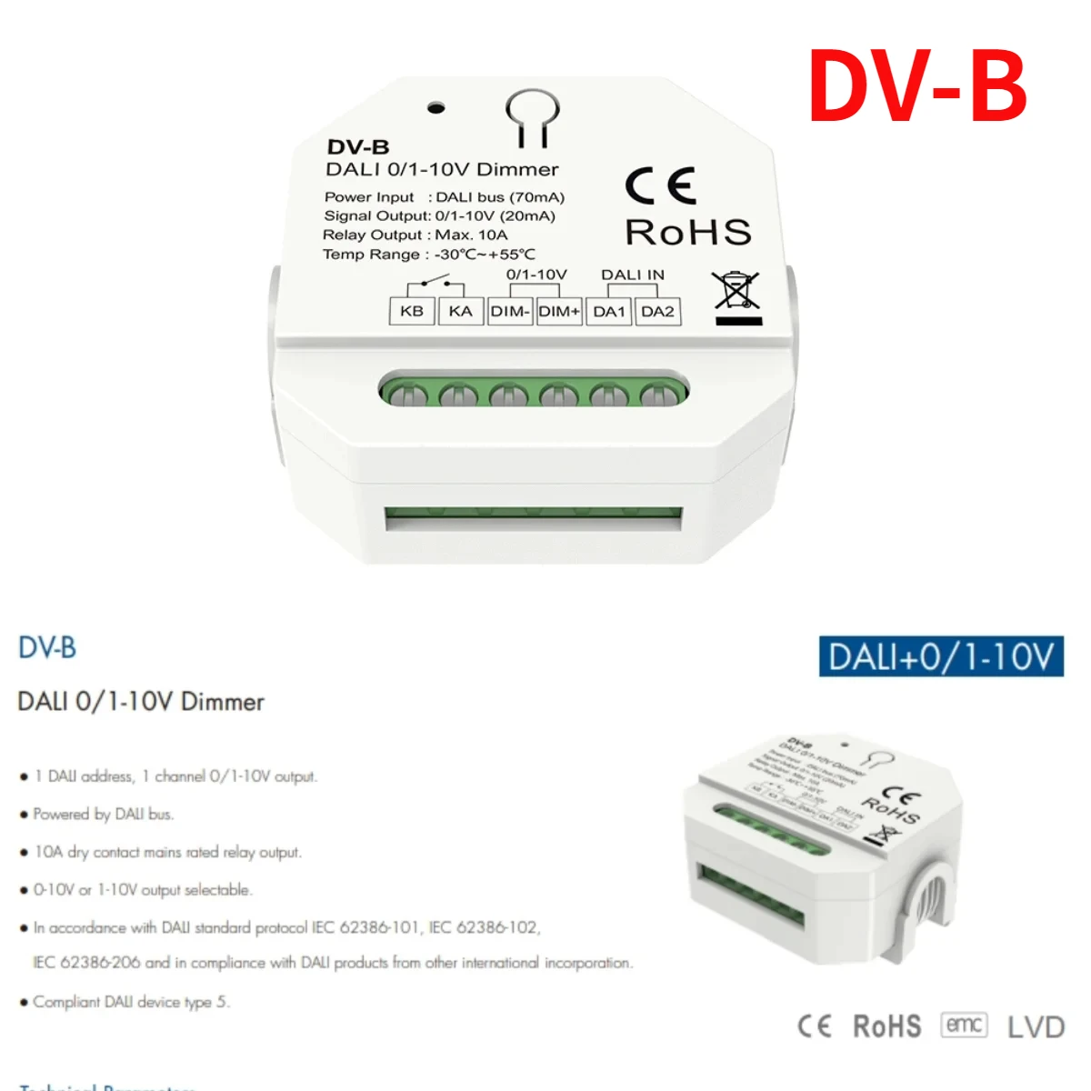 

Устройства для регулировки яркости от DALI до 0/1-10 В (DT5), 100-240 В переменного тока, крепление на DIN-рейке, выход сигнала диммирования 0-100%, 1 канал * 20 мА для одноцветной светодиодной ленты