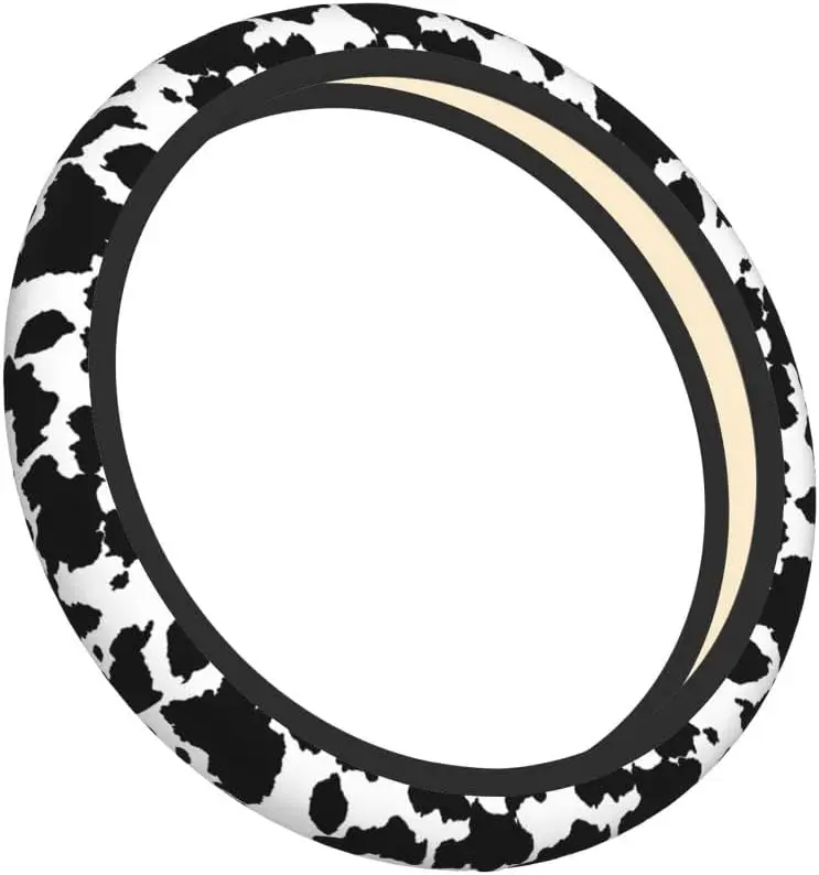 Black and White Cow Fur Print Steering Wheel Covers, Breathable Anti-Slip Sweat Absorption Universal 15 Inch Car Wheel Cover Acc