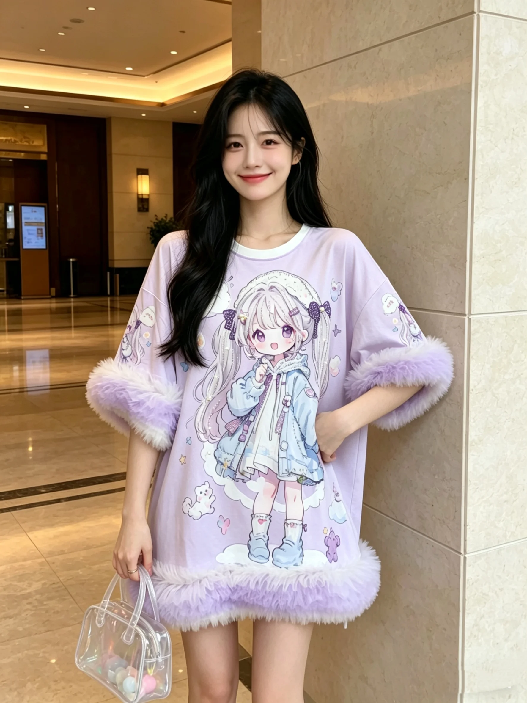 2026 New Summer Purple Cartoon Printed Women T-shirt Top Elegant Mesh Lace Splicing Half Sleeve Round Neck Mid-long Sweet Dress