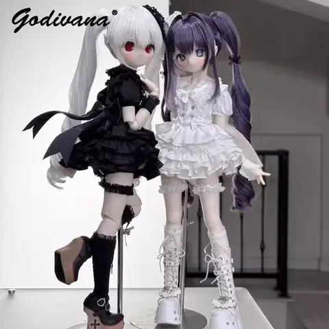 Dark Gothic Lolita Doll Outfit 1/4 BJD MDD Doll Clothes Black Lace Ruffle Short Princess Dress Set with Headband Thigh Garters