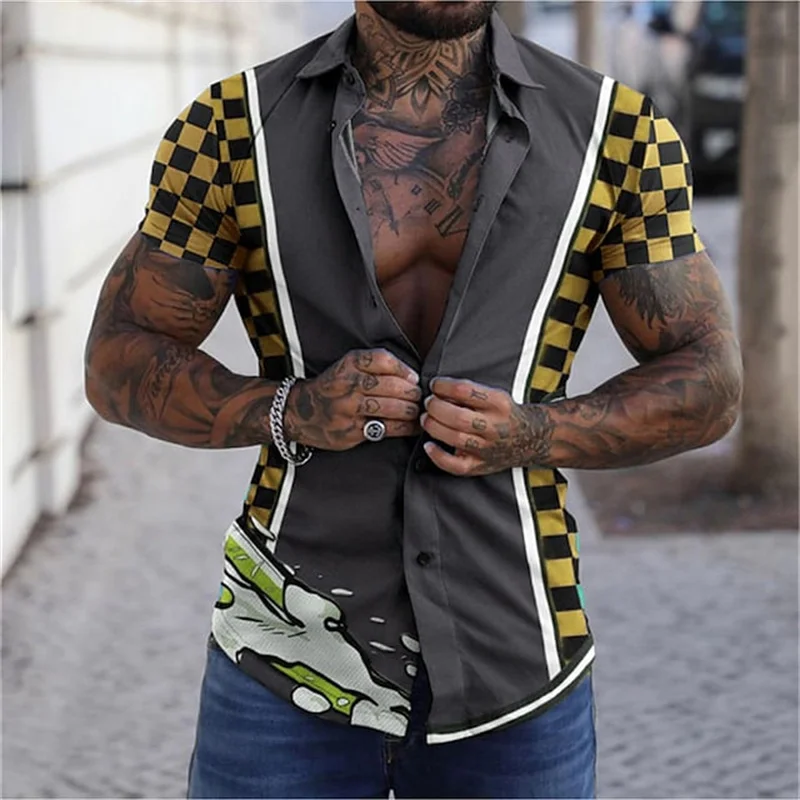 

Летние мужские рубашки с коротким рукавом в клетку, повседневные дышащие рубашки на пуговицах, мужские персонализированные удобные рубашки с отложным воротником