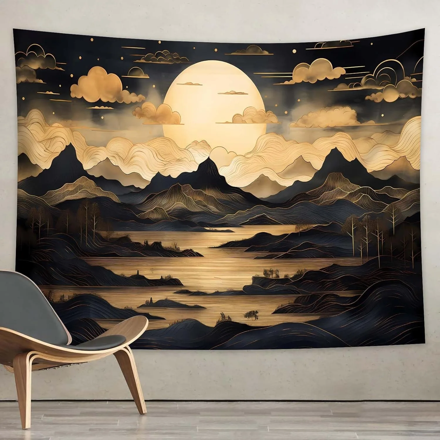 Tapiz de pared con escena nocturna de super luna: paisaje de montaña negro y dorado con luna llena, estrellas y pinos, inspiración natural