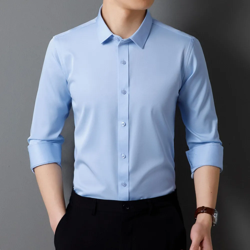 Men's Long Sleeved Elastic Shirt Slim Fit Solid Color No Iron Business Dress Professional Formal Soft Blue White Big Size 5XL