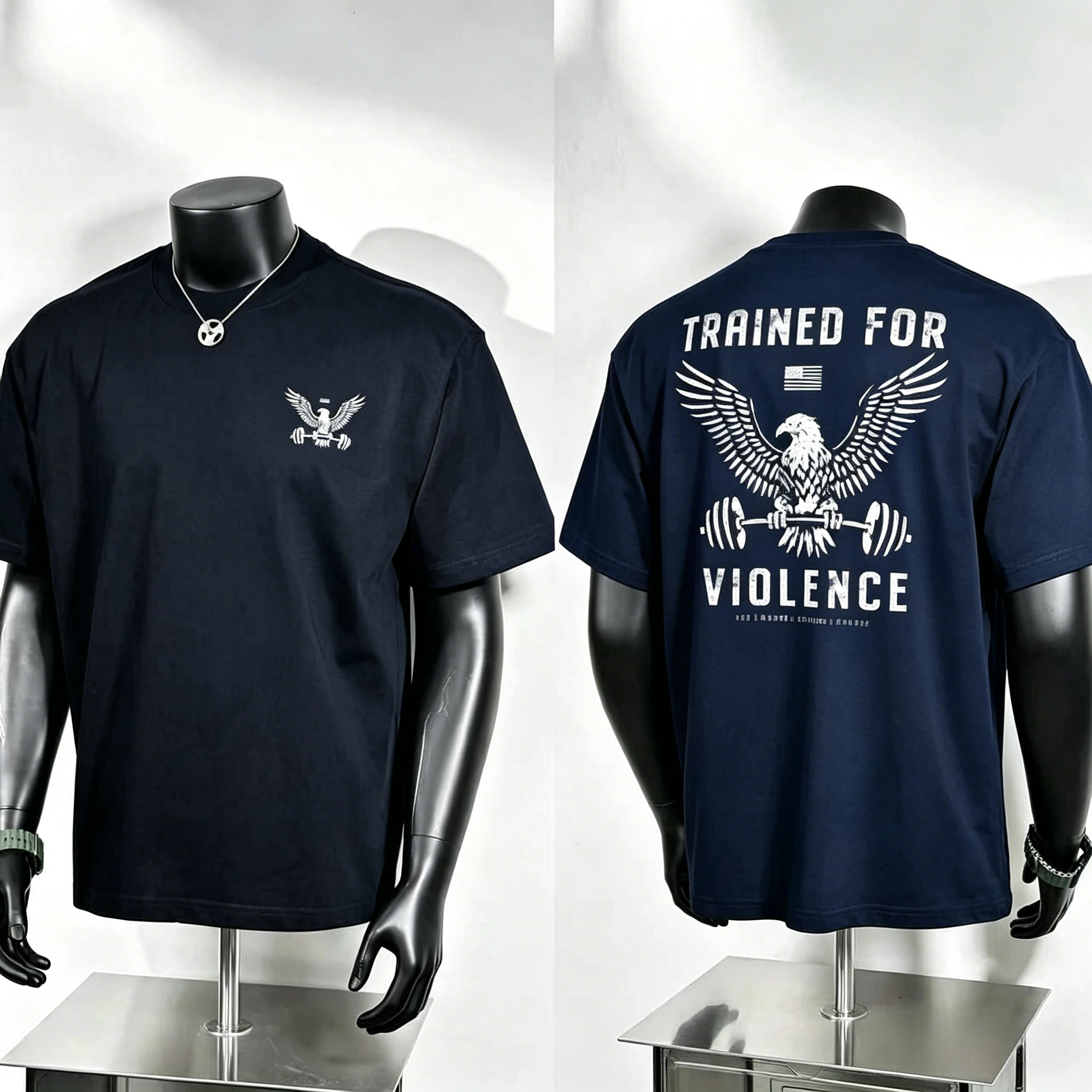 Trained for Violence Graphic T Shirt, Mini Eagle Dumbbell Chest Badge and Large Spread‑Wing Eagle Holding Barbell