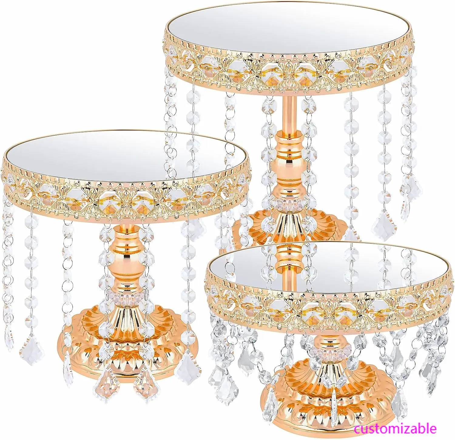 

3 PCS Round Cake Stand with Crystal Bling Pendants European Style Lace Cake Plate Golden Premium Display Stand