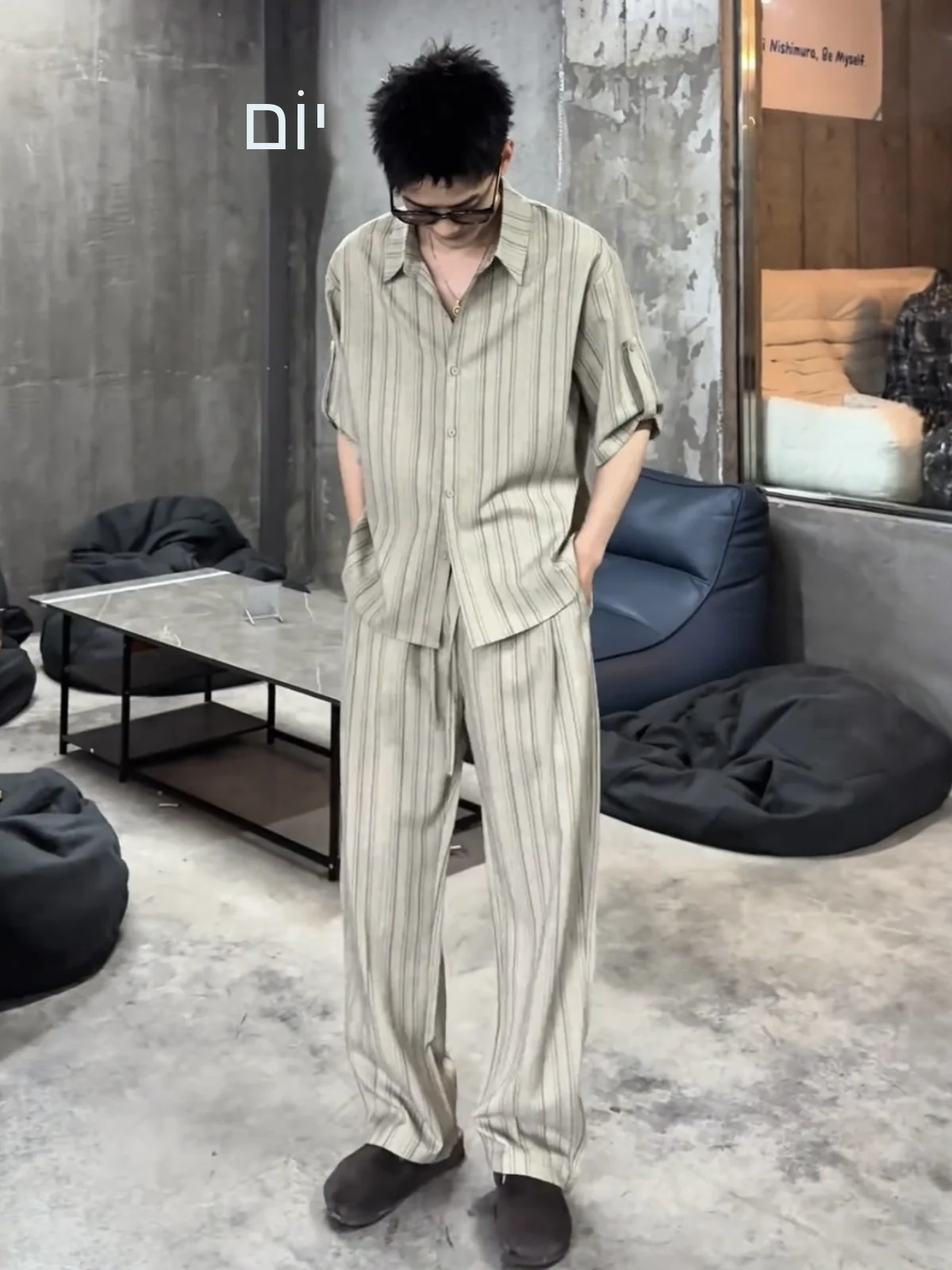 Summer Thin Men's Casual Stripe Shirt And Pants Set Drapey Breathable Flip Collar Long Pants Two Piece Set Fashionable Classic