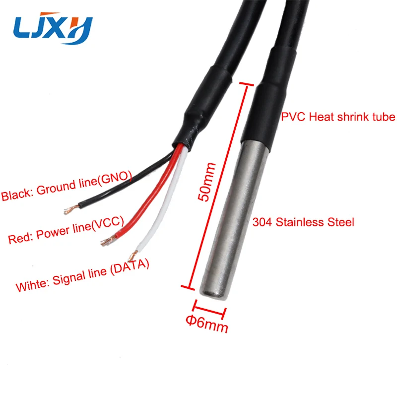 LJXH DS1820 Stainless Steel Package Waterproof Digital Temperature Sensor Three-Core Shielded Wire Length 0.3M/0.5M/1M/1.5M/2M