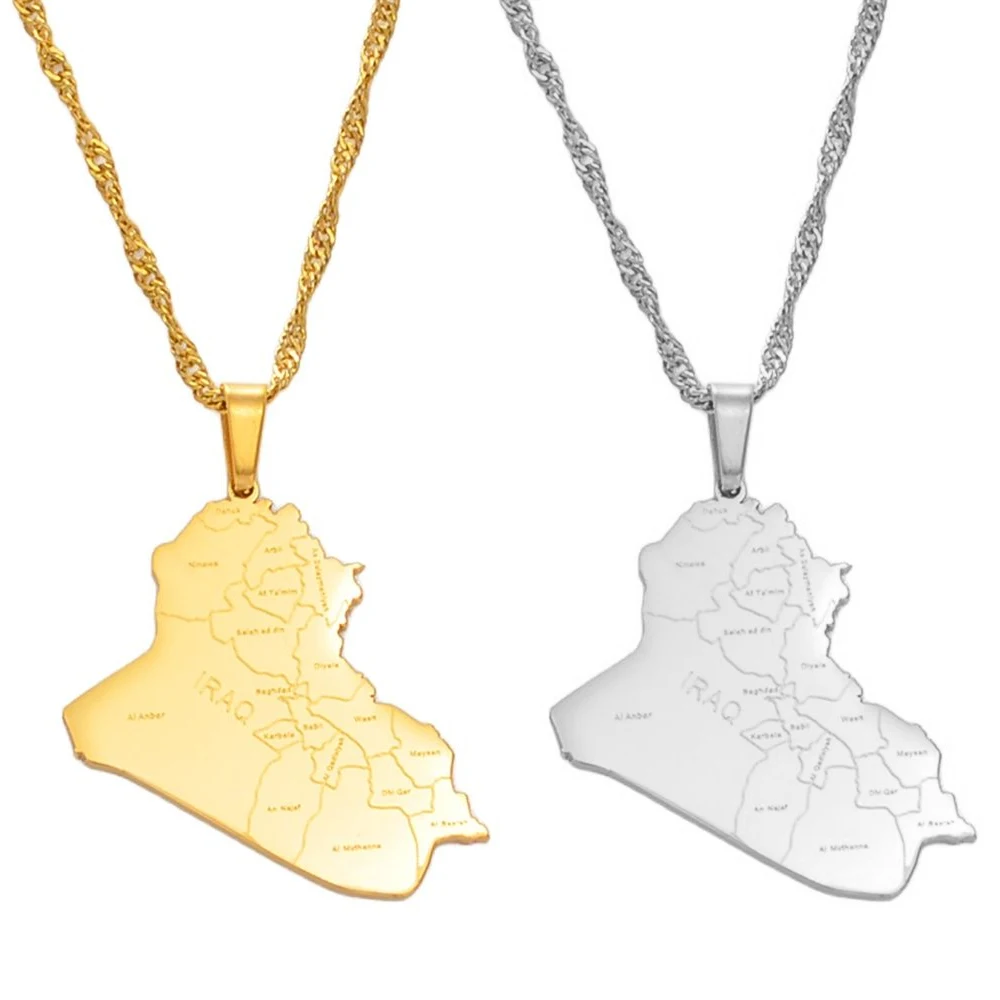 Anniyo Republic Of Iraq Map Cities Pendant Necklace Gold Color Jewelry Map Of Iraq Necklaces #153621